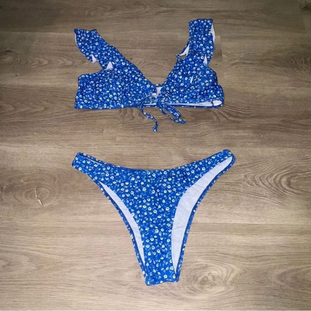 Blue Floral Bikini + Matching Skirt Set